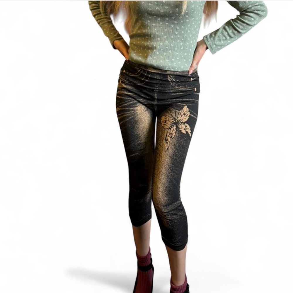 Black & gold Y2K whimsygoth butterfly printed stretchy denim leggings pants ask
